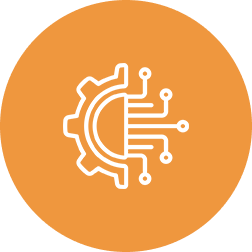 A white gear with circuitry on it in an orange circle.