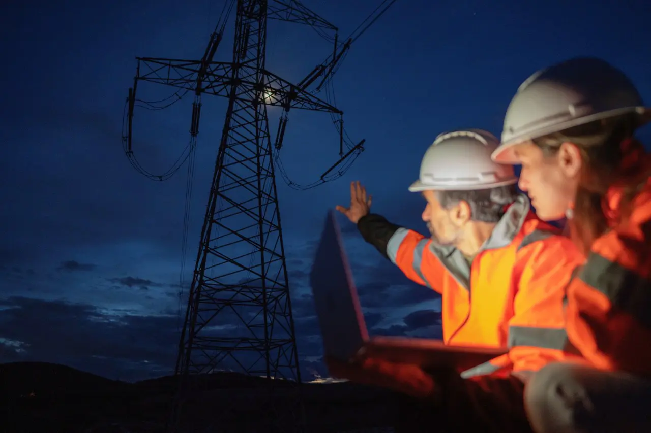 Two men in hard hats and vests looking at a laptop.