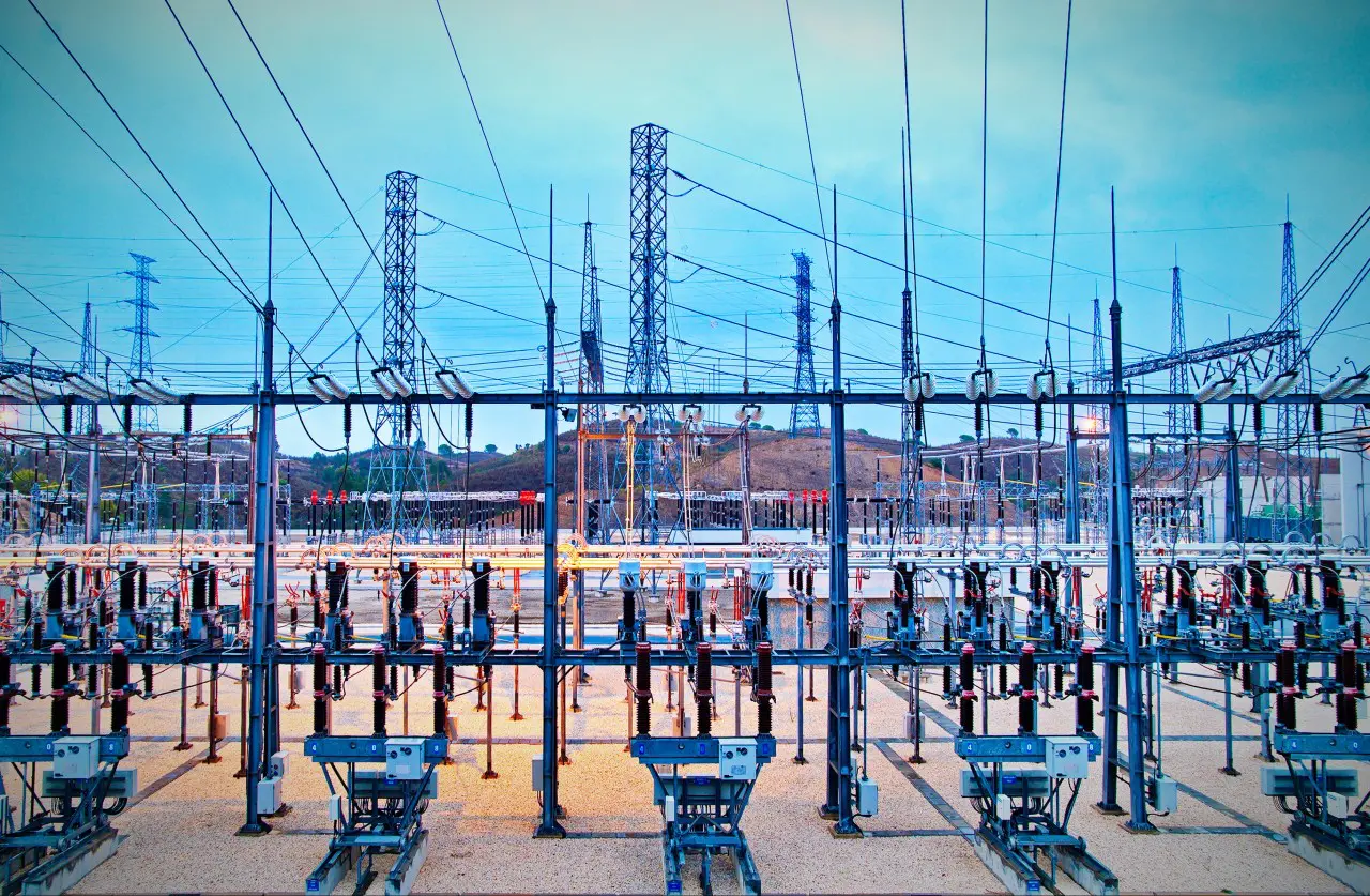 A group of power lines that are connected to poles.