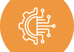A white gear with circuitry on it in an orange circle.