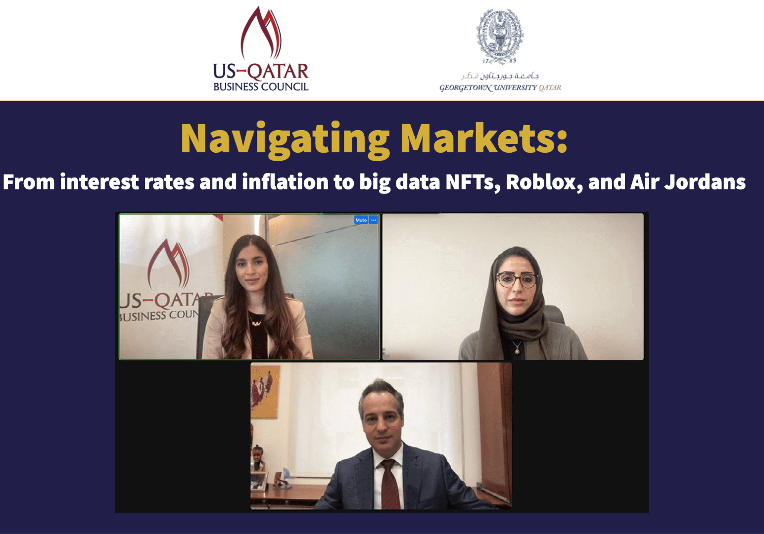 Four speakers in a Zoom webinar titled "Navigating Markets" by US-Qatar Business Council and Georgetown University, discussing financial and market trends.