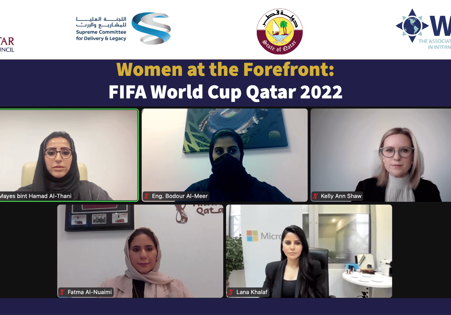 A virtual panel discussion titled "Women at the Forefront: FIFA World Cup Qatar 2022" with five women speaking, displaying various organizational logos.