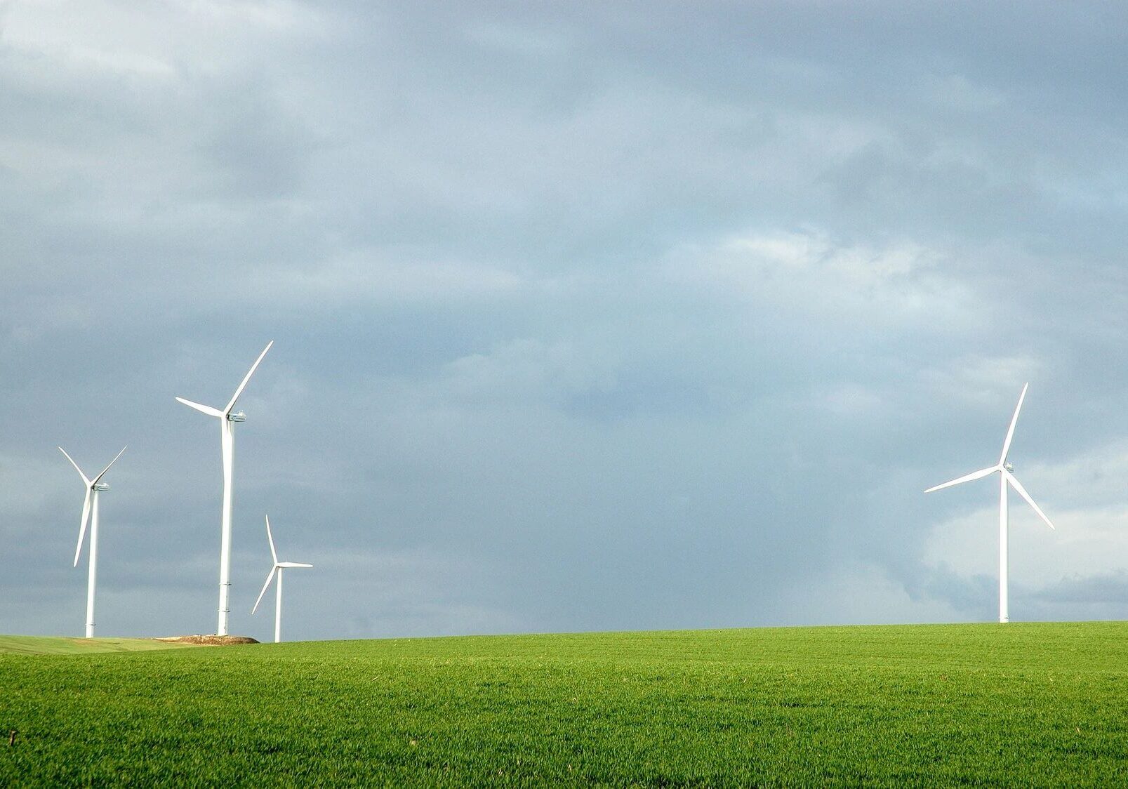 White turbines standing over green pasture